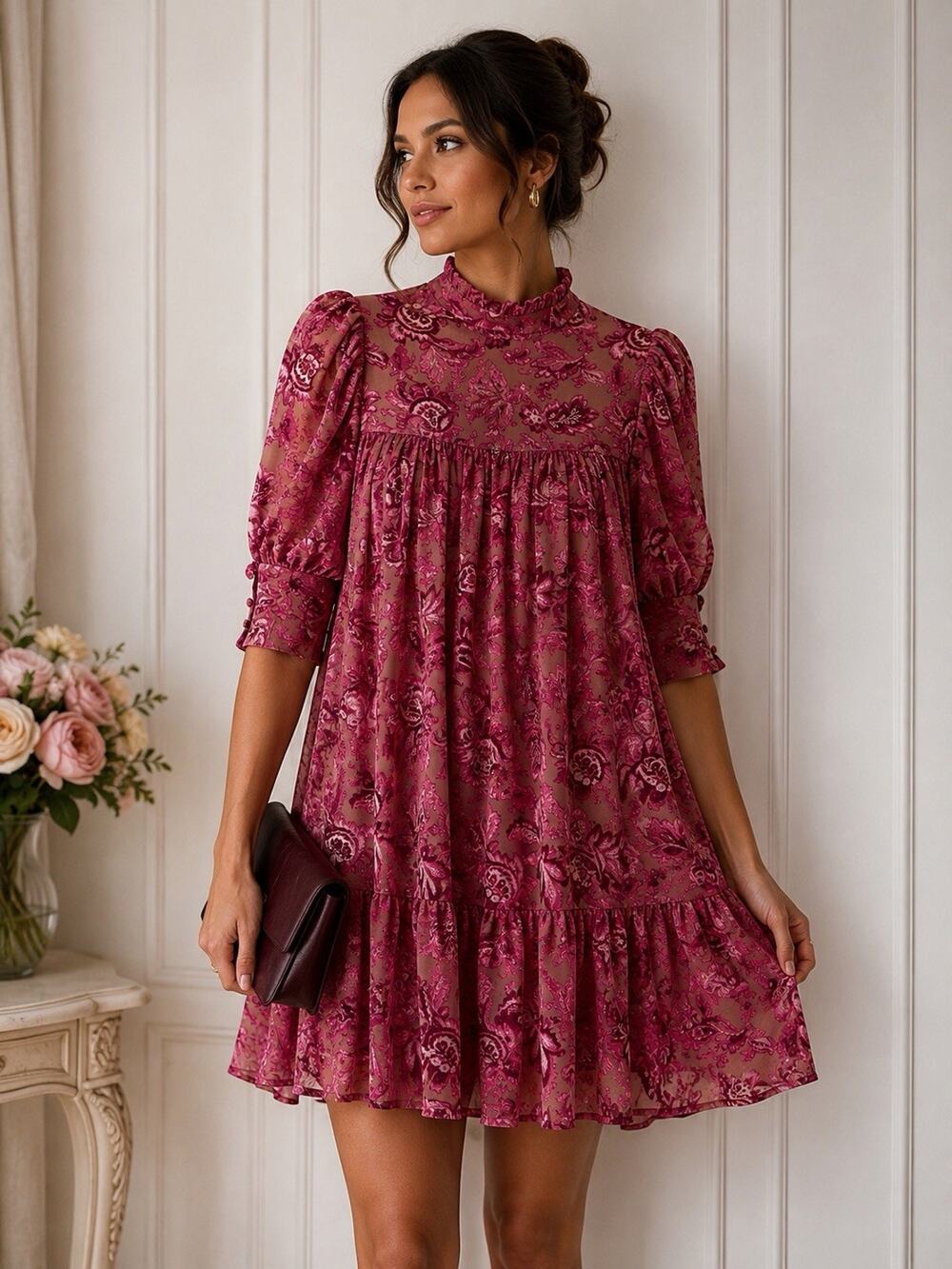 Pink Floral Puff Sleeve Babydoll Mini Dress Cottagecore Coquette Boho 6/Small